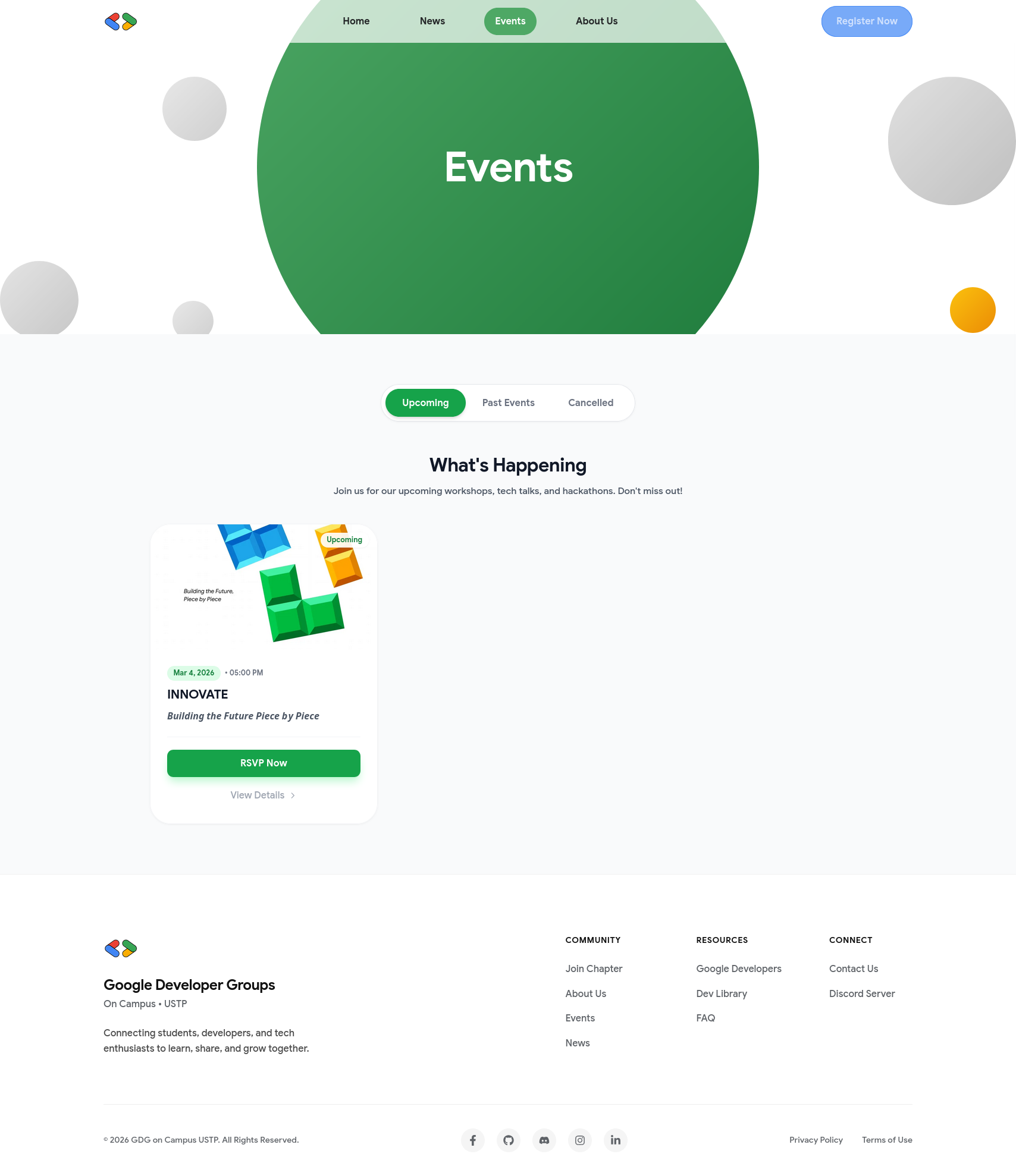 GDG on Campus USTP events page with upcoming event card
